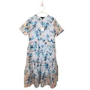 Ming Wang Blue, White and Tan Abstract Floral Maxi Dress